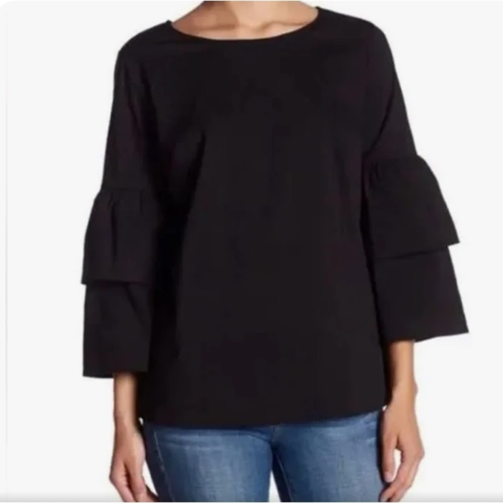 J.Crew Black Bell Sleeve Top Tiered 3/4 Sleeve Blouse Size 8